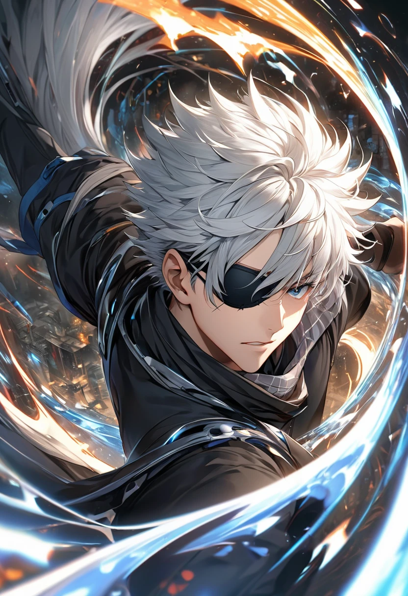 ( CorrectPerfect anatomical structure )A boy wearing a black shirt carries Single eye black eyepatch ( Single eye black eyepatch)、scarf, gray hair, Close up high dynamic range of man with spiky hair and white hair pointing gun forward dynamic sniper ( perfect anatomy ) Aim forward and emit bright light ( Perfect anatomical structure ) Handsome black jacket blue silver shiny swirling high dynamic vortex around man, Vortex Dynamic Masterpiece Perfect Composition Intricate Details Meticulous Digital Art