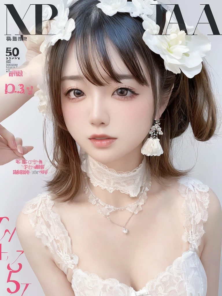 (((White Background 2.0)))、((High key portrait 1.3))、Professional Lighting、(((Professional Lighting 1.5)))、(Translucent skin texture))、Beautiful Skin、Fair skin、(((Whitening 1.5)))、((White lace bra 1.5))、See-through 1.5、High leg、Mid-shot photo、Simple earrings and necklace、(((ファッションMagazine Cover 1.5)))、(((Magazine Cover 1.5)))、Lots of photos、Lots of headlines、(((sex appeal1.5)))、大人のsex appeal、sex appeal、sexy、Ecstasy、Always look at the audience、Fatigue 1.85