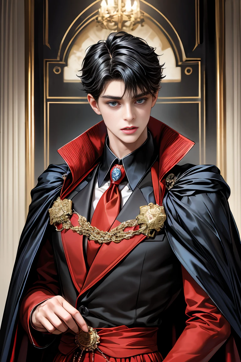 
masterpiece, 最high quality, high quality, 1 boy, alone, Male focus, Watching the audience,  Messy black hair, Adorable big blue eyes, White people, Noble, Noble,Sexy voluminous black and red cape、Tuxedo、A very voluminous, large, very large, very large, long, long red and black cape with a high stand-up collar, reaching down to the floor, made of a lot of fabric., ,Cute beautiful boys,Cute, cute, kind, handsome guy