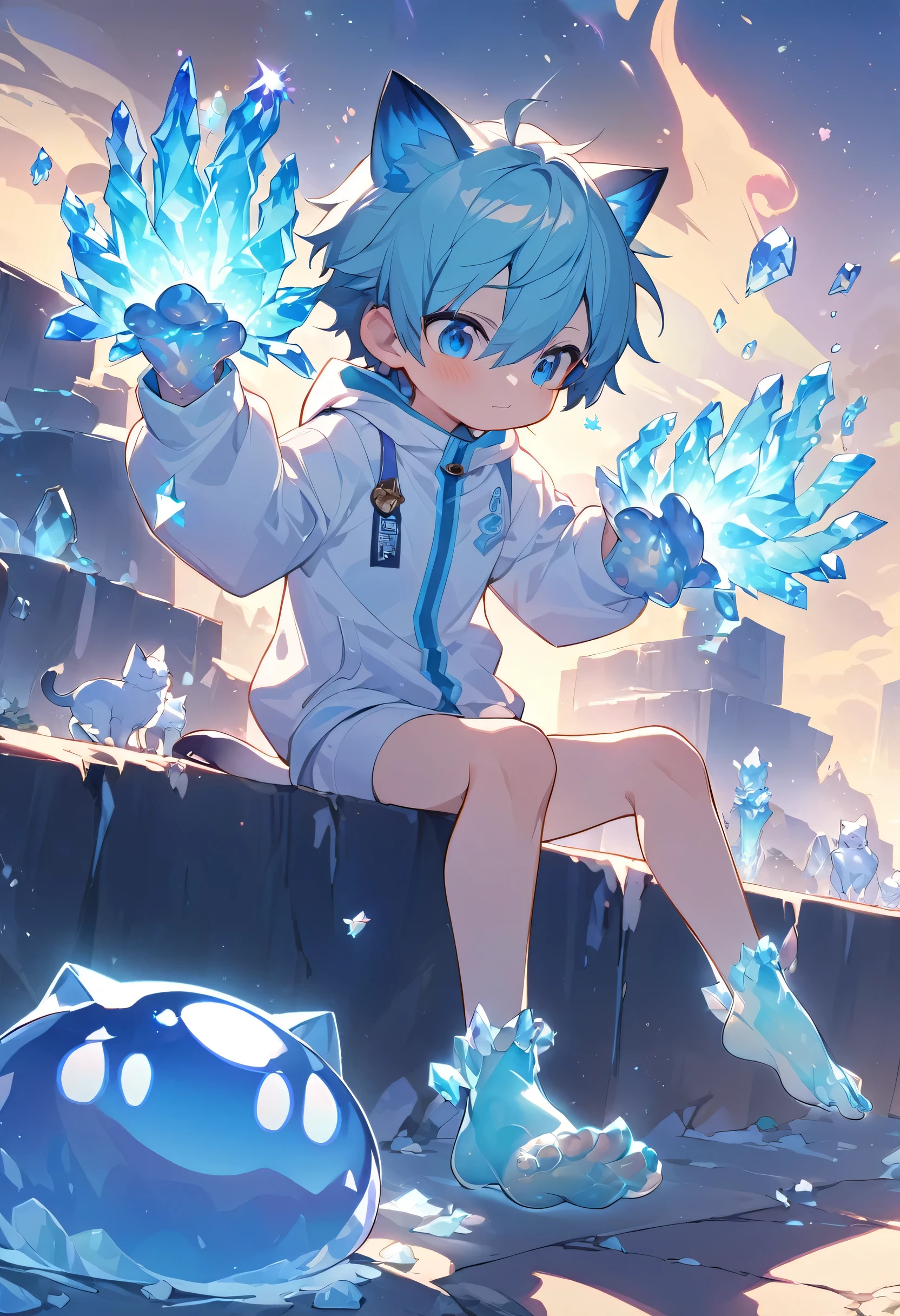 Little male cat,boy,There is a tail,cute,Thin,struggle,Everlasting,Crystallization,Blue slime,Feet turned into crystal,Hands turn into crystal,Crystal Spread Feet,Crystal feet,Crystal hands,illumination,freeze,Feet are frozen,charming,boys ,BlueCrystal feet,Wear Tight Fit Clothes,plastic,Full body portrait,smooth,Full body tight fit,Thin,Light blue gel coat,Full body gel coat,outdoor,Naked,Small pants,Tight Fit,No clothes