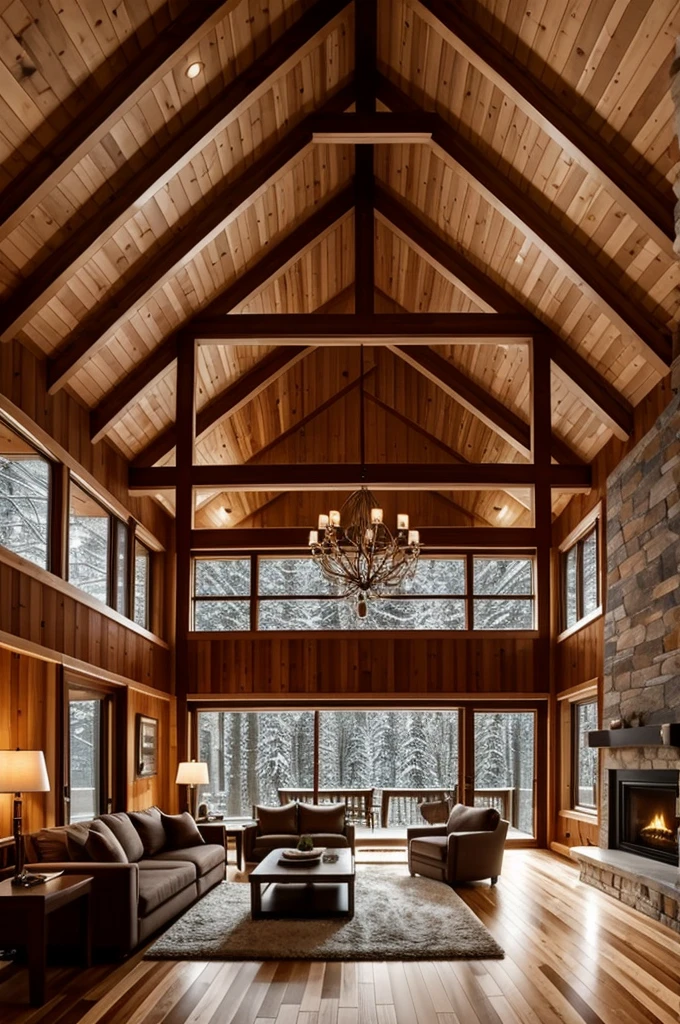 a double-height ceiling living room with a large, floor-to-ceiling window on one side log cabin. Outside is a dark snow-covered landscape. The living area is furnished with plush, contemporary sofas and chairs in neutral tones, grouped around a low, central coffee table. The room's color palette is composed of dark brown and warm tones, with the soft lighting from various lamps adding a cozy ambiance. I