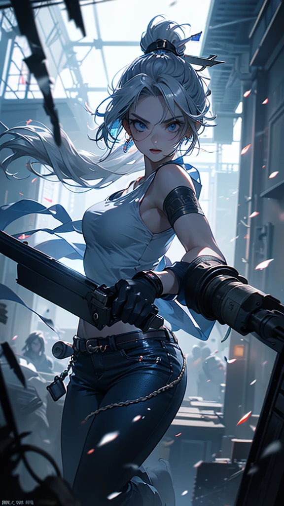 最high quality、Best image quality、masterpiece、girl((18-year-old、 By becoming、Best Bust、Medium Bust,Tea that opened my chest wide、Shining Eyes, Silver Hair、ponytail、Long Hair、thin,Highest valley、White tank top、Blue pants、Wristband、He has a gun、Ruby Earrings、Squat、Ready your gun?)),high quality、Beautiful art、background((Dark Research Facility、Broken wall、Warning symbol、battlefield))、Flight、Flying debris、Written boundary depth、movie、Visual Arts、Perfect art、8k,Genuine、