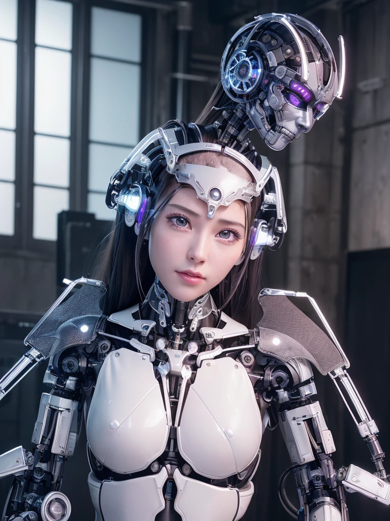 top-quality、masterpiece、超A high resolution、(Photorealsitic:1.4)、((a beauty girl:1.6)), 1 full-body cyborg girl、sixteen years old、NOhumans、((The skin part is only the face)), Luminous Eyeissing arms、Futuristic spaceship and glowing background、Lightweight body、Black iron color、((Lots of split metal chest protectors)), Metal Robot、((The whole body is the body of a combat robot))、((Body parts are robot parts:1.8))、((The internal mechanisms of the chest are exposed)), ((Mechanical chest armor with LED indicators and meters)), Robot arms and legs、((Exposed metal skeleton of the abdomen))、Metal skeleton of the cervical region、Under repair、destroyed body、Metal Mechanical Bra、Full Body Metal Skin、Metal bodysuit、Metal scales covering the whole body、body made of metal、Whole body metal、a beauty girl、prosthetic hand、artificial leg、Full body cyborg、Exposed metal skeleton、Asian Beauty、cyberpunked、steampunc、Inside the futuristic space battleship、laboratory、Complex 3d rendering beautiful porcelain profile ultra detailed female type android face、dark brown hair、glowy skin、((super realistic details))、portlate、globalillumination、Shadow、octan render、metals、Details of complex ornaments、Japan details、highly intricate detail、Realistic light、CGSoation Trends、a purple eye、radiant eyes、Facing the camera、neon detailechanical limbs、blood vessels connected to tubeechanical vertebrae attached to the back、mechanical cervical attaching to neck、sitting on、Wires and cables connecting to the head、Gundam、Small LED lamp、masterpiece、 Metal Robot、body made of metal、Whole body metal、prosthetic hand、artificial leg、Full body cyborg、Exposed metal skeleton、Asian Beauty、cyberpunked、steampunc、Futuristic cities、laboratory、Complex 3d rendering beautiful porcelain profile super detailed female android face、cyborgs、roboticparts、150mm、beautiful studio soft light、Rim Lights、vibrant detail、luxuriouscyberpunk、Ren Hao、surrealistic、Anatomical、face muscles、cable electric wireicrochips、elegent、beatiful backgrounds、