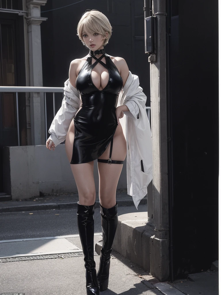 Very short hair, (masterpiece、Highest quality、Official Art), Neck up, View from the front, Looking at the audience:1.5, topless, Underless, White jacket:1.2, Black long boots, Black garter belt, (Black bondage suit:1.2), Black collar, Black choker, Glowing Skin, Realistic:1.9, Very detailed, Full Body Shot:1.2, Cleave, Belly button pussy, Expose the center of the body, High resolution, full color photos, High detail, Extremely realistic detail, Ultimate realistic texture, Ultimate in exquisite detail, Professional photos, Sexy portrait of a girl, Voluptuous bust, Tight waist, Cleavage, Trained abdominal muscles, Big Ass,Complete the whole body, Full body image, No underwear, Highest quality, ((background:On the streets of the city:1.4)), Suzune, Suzune's clothes