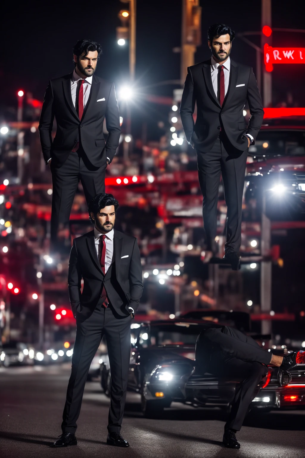 Anthro wolf man, Wearing a black suit, handsome, charismatic, has a firm and serious expression, black hair with a red pattern, he is in the middle of the night city, while leaning against a cool sedan.