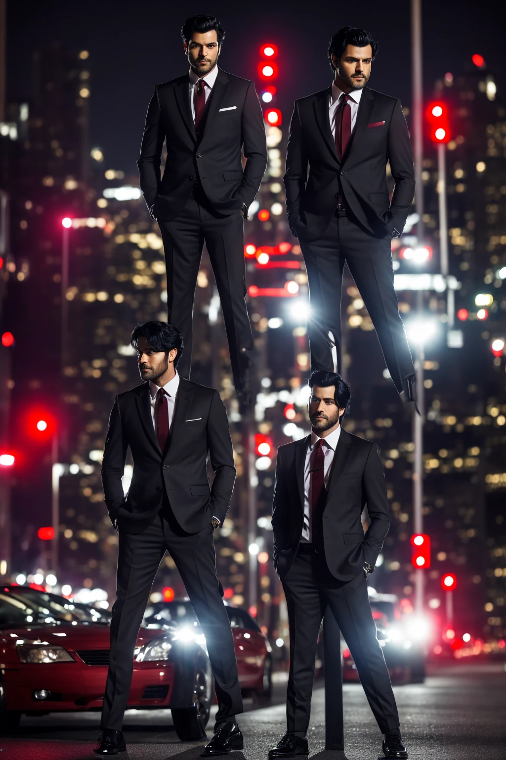 Anthro wolf man, Wearing a black suit, handsome, charismatic, has a firm and serious expression, black hair with a red pattern, he is in the middle of the night city, while leaning against a cool sedan.