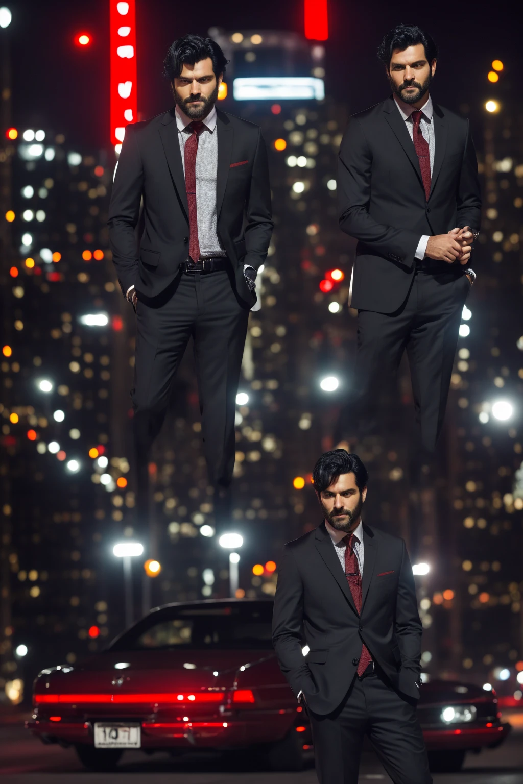 Anthro wolf man, Wearing a black suit, handsome, charismatic, has a firm and serious expression, black hair with a red pattern, he is in the middle of the night city, while leaning against a cool sedan.