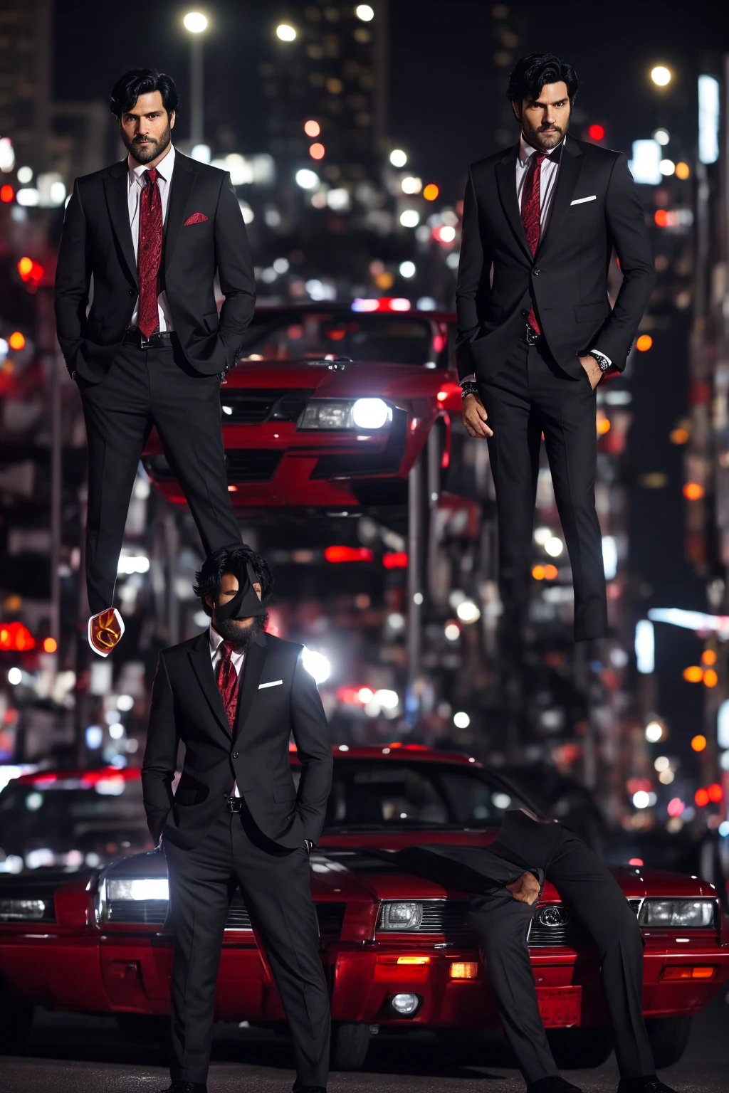 Anthro wolf man, Wearing a black suit, handsome, charismatic, has a firm and serious expression, black hair with a red pattern, he is in the middle of the night city, while leaning against a cool sedan.