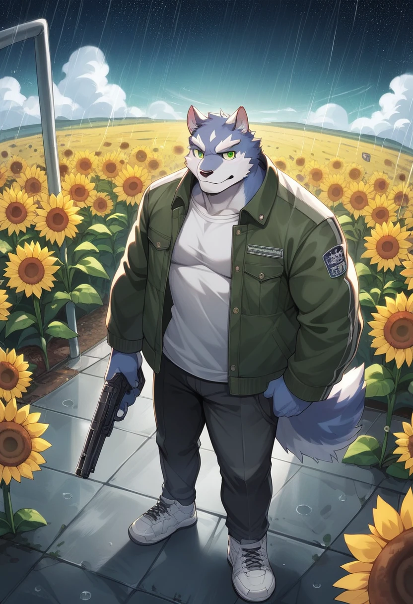 Masterpiece, Best Quality, absurd resolution, ultra detailed, perfect anatomy,
monomasa,
por canandne khai, for you.and.stars, (by DRKS:0.28), (by Pino Daeni:0.8),
furry, muscular male, lobo, well-built, Alone, green pupils, sneakers,
Jacket, dress, dynamic angle, high angle view, Blade, holding gun,
rain, cloudy, urban landscape, Sunflower field