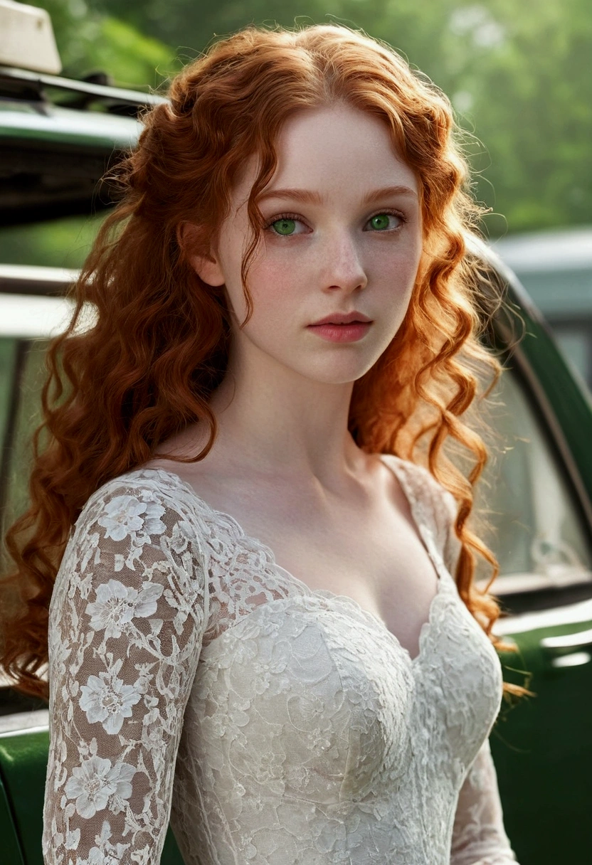 A girl, 20 years, redhead, wavy hair, very long hair, of collections, pale white skin, green eyes, small roof rack, small nose, nose turned up, round face, split chin, Small ears, in a white lace dress, 16k, highres, best quality, award winning, high details, textured skin, super detail, anatomically correct, masterpiece