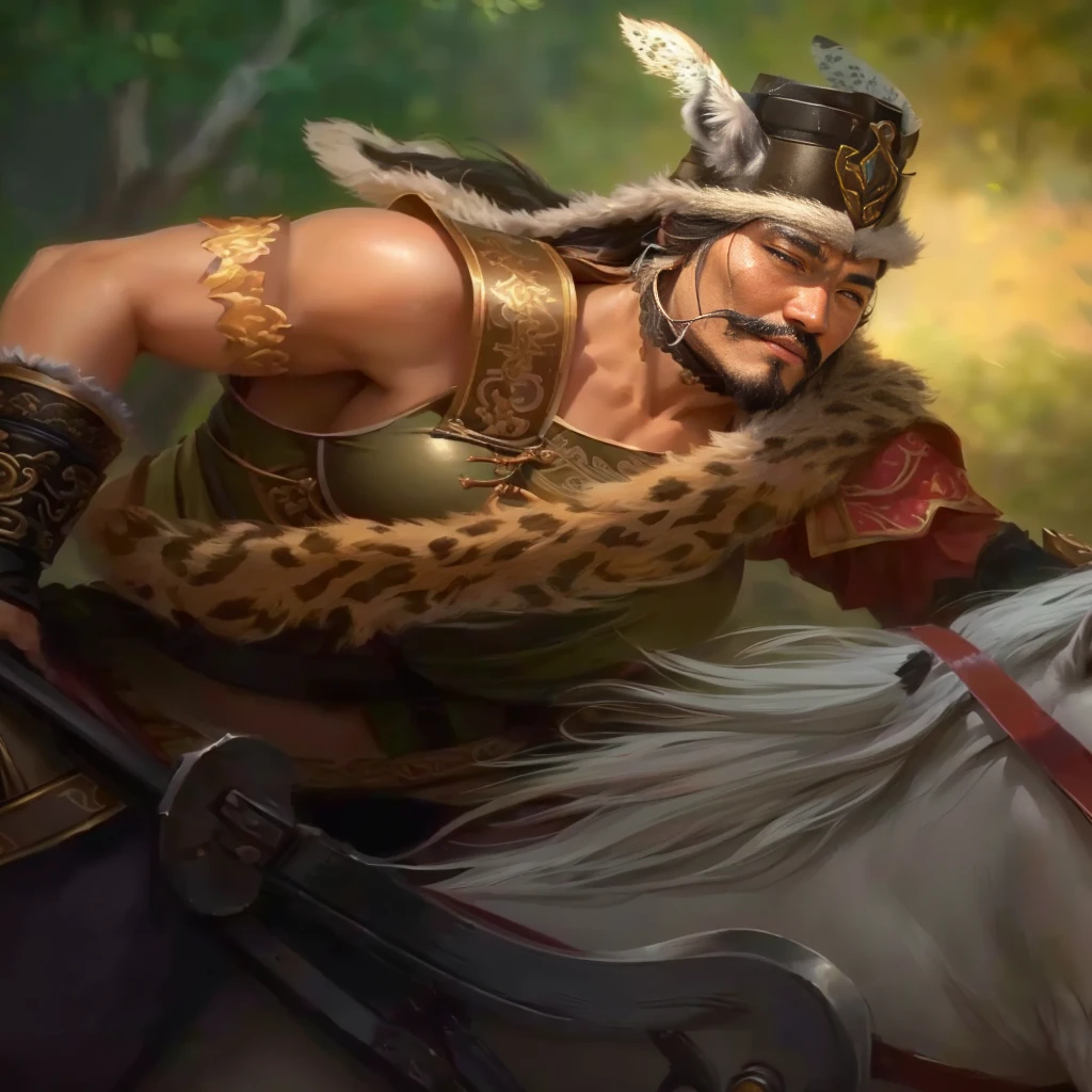a close up of a man riding a horse with a leopard on it, genghis khan, mongol, inspired by Li Kan, inspired by Hu Zaobin, photo of genghis khan, bian lian, naranbaatar ganbold, inspired by Huang Shen, yiqiang and shurakrgt, by Yang Borun, kuang hong, Highly detailed CG unit 8k wallpaper, masterpiece, High resolution, highest quality, highest quality real texture skin, Super Real, Digital Painting, Best image quality, 最High resolution, 8k, ((Highly detailed eyes and face, Beautiful eyes every detail)), 1girl, Full Body Shot, 1girl, Saggy breasts, Gravity-dependent breasts, long chest, Heavy chest, disproportionate breasts, huge breasts, sagging breasts, gigantic breasts, erect nipple, Cleavage cut out,