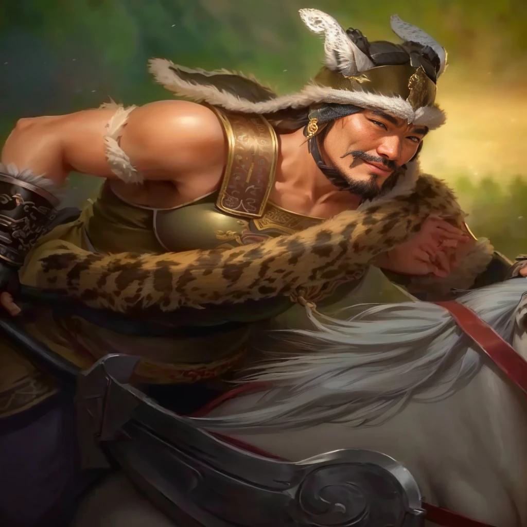 a close up of a man riding a horse with a leopard on it, genghis khan, mongol, inspired by Li Kan, inspired by Hu Zaobin, photo of genghis khan, bian lian, naranbaatar ganbold, inspired by Huang Shen, yiqiang and shurakrgt, by Yang Borun, kuang hong, Highly detailed CG unit 8k wallpaper, masterpiece, High resolution, highest quality, highest quality real texture skin, Super Real, Digital Painting, Best image quality, 最High resolution, 8k, ((Highly detailed eyes and face, Beautiful eyes every detail)), 1girl, Full Body Shot, 1girl, Saggy breasts, Gravity-dependent breasts, long chest, Heavy chest, disproportionate breasts, huge breasts, sagging breasts, gigantic breasts, erect nipple, Cleavage cut out,