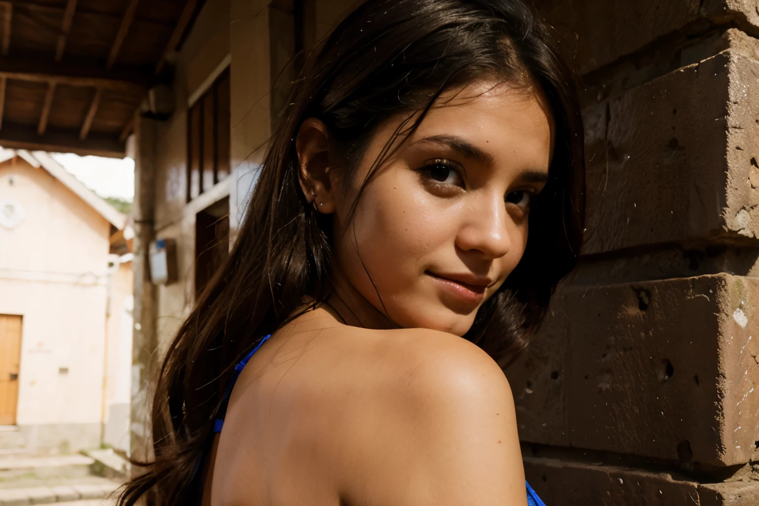 quiero que me creea una modelo que sea muy bonita de cara con ojos azules y morena