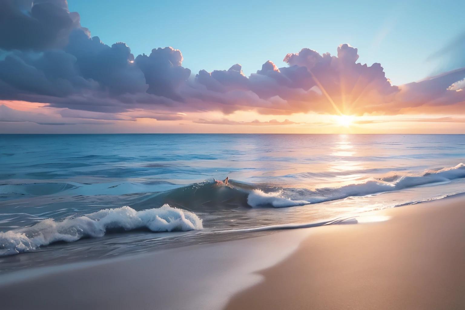 high resolution,high quality,Perfect body,Full face,Evening sea,Sun setting on the horizon,The third color of the sky,Sunlight reflecting on the sea