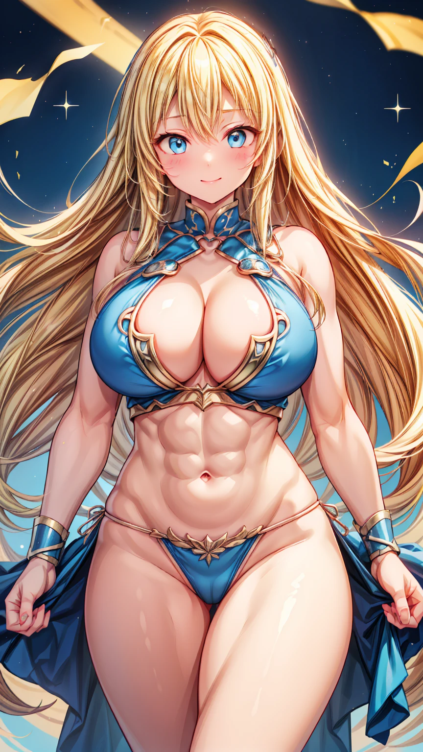 Long blonde hair, Thick thighs, 8k, 4K, Highest quality, High resolution, Cute anime face, Noise Reduction, Sparkling blue eyes, A kind smile, Kind eyes、Toned Abs, Muscular arms, Muscular legs, Young Face, Anime Eyes, (((Big Breasts、A chest that's about to burst)))、(Sophitia)、sword、shield、((whole body))