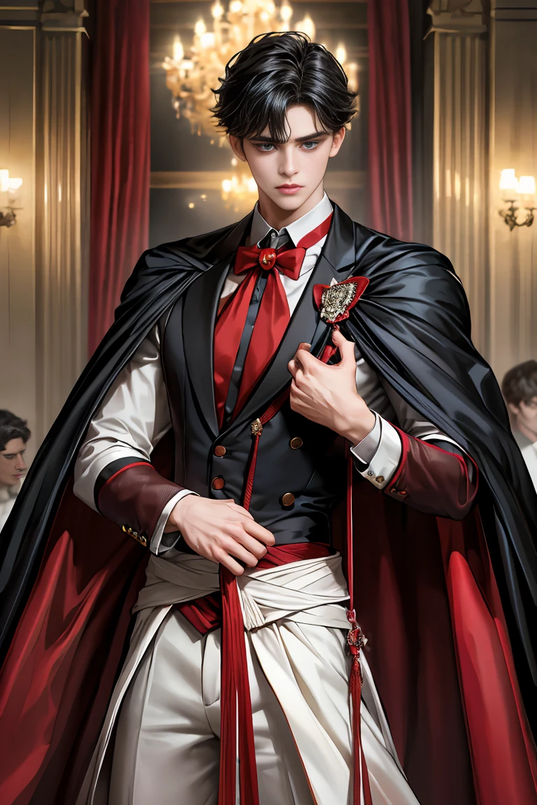 
masterpiece, 最high quality, high quality, 1 boy, alone, Male focus, Watching the audience,  Messy black hair, Adorable big blue eyes, White people, Noble, Noble,Sexy voluminous black and red cape、Tuxedo、A very voluminous, large, very large, very large, long, long red and black cape with a high stand-up collar, reaching down to the floor, made of a lot of fabric., ************,Cute beautiful boys,Cute, cute, kind, handsome guy