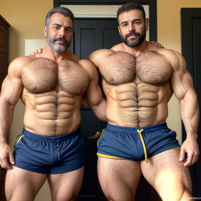 Golden hour, large pectoral muscle, abdominal muscles, sailor,italian male in his 50s, natural lighting, (hairy chest), dark hair blue eyes, daddy, erotic, thick thighs, thick forearms, thick arms, bulge, tiny yellows shorts,