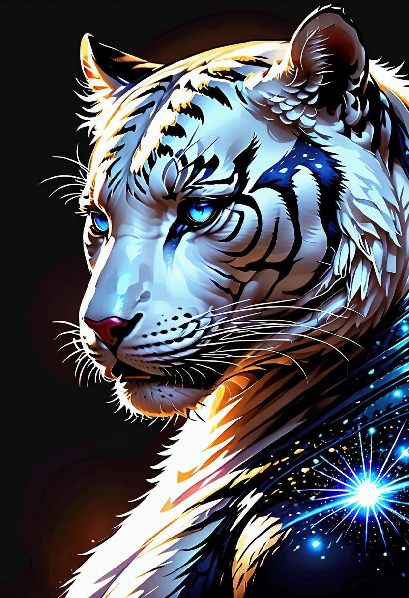 PORTRAIT, only face, a white tiger, highly detailed fur (vectorized) blue lightening eyes, detailed skin, image is compelling with dynamic composition and energetic posing. Include many fantasy details such as bumps, phantasmal iridescence, glitter, galaxy, cosmos, ((dark celestialskin body, void cosmic body)), (((dark background))), (((lights off))), (((hollywood dark))), horror, dramatic shadows, (in a dark fantasy space:1.3, glitter, sparkle, gleam) vector digital illustration, (black background:1.5)sharp
