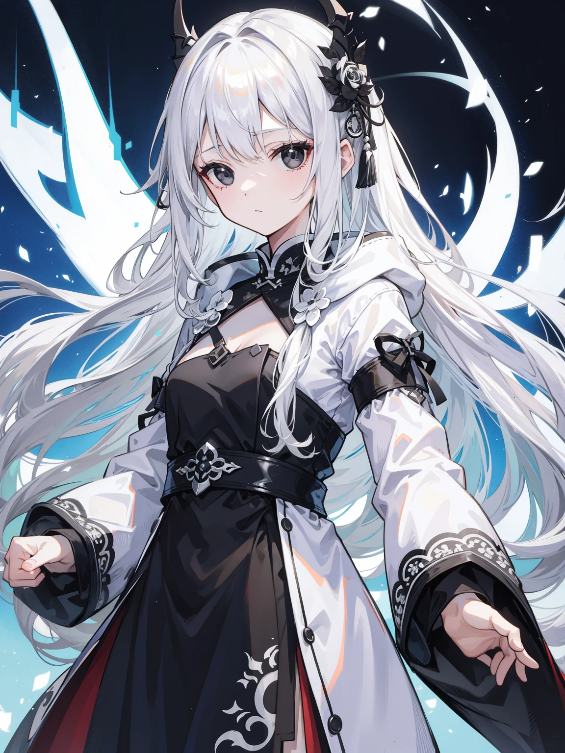 (Top image quality)、(Very detailed)、(Facing forward)、Top quality、masterpiece、(((1 girl )))、Silver Hair、White hair、((Long hair))、Weaving、(black eyes:1.6)、(White and black cheongsam)、Hooded dress、Lots of decorations、Lots of ribbons、White Ribbon、She looked grim.、Fluffy loose hair、Hanfu