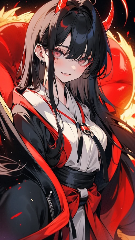 (Top resolution、Distinct_image)top-quality、A girl、masterpiece、highly detailed, half body, Semi-realistic、grey eyes 、18year old, black hair,young 、Exquisite facial features、Facial features ,variation potrait, long hairstyles, age, cool , cold sharp eyes, An expression of despair., lifeless eyes, blood on face, , {Very detailed 8k CG unit wallpaper}, Handsome, solo, female, vampires, dark cloak , loyalty , black Japanese kimono, have dragon horns, dragon eyes