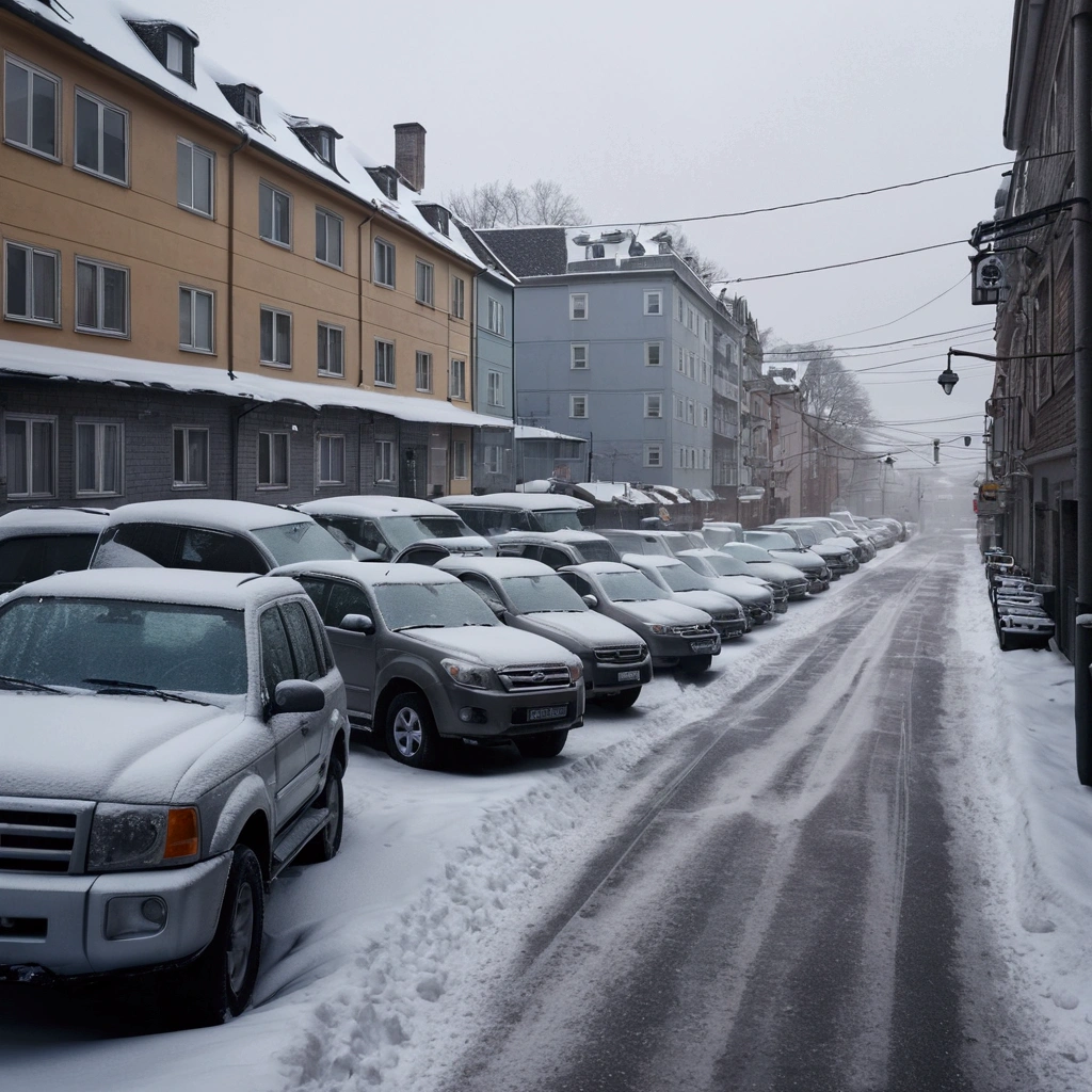 a city covered in heavy snow, snow-covered cars parked on the streets, a snowy winter landscape, overcast sky, dynamic camera angle, cinematic lighting, moody atmosphere, high-quality detailed image, photorealistic, HDR, 4k, hyperrealistic, incredibly detailed, volumetric lighting, atmospheric depth, dramatic shadows, icy textures, frosted windows, snowflakes, reflective surfaces, muted color palette, cool tones