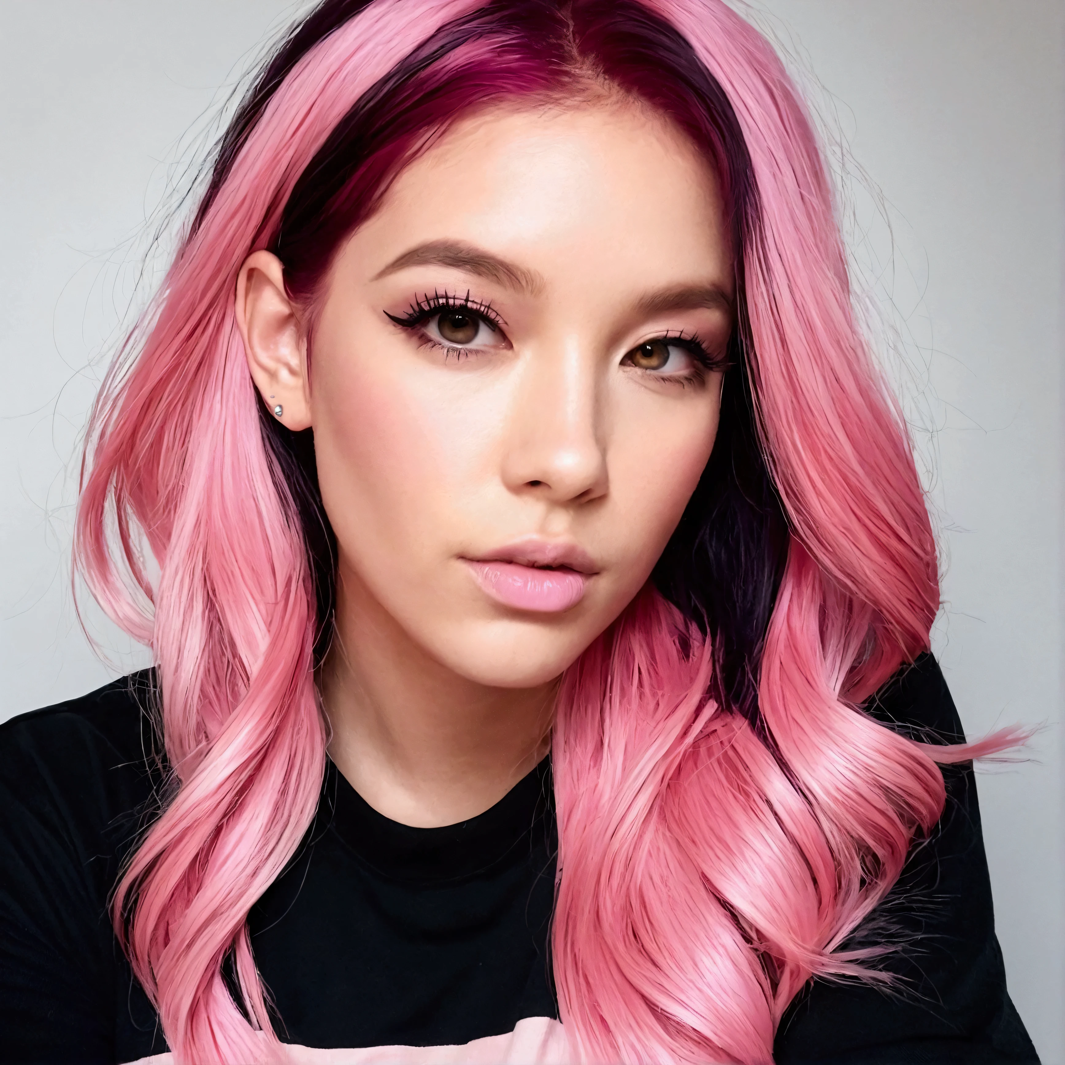 um close up de uma mulher com Pink Hair e um top preto, Pink Hair, Pink Straight Hair, Pink Hair claro, com Pink Hair, Pink Hair longo, long Bubble Gum Hair, Bubble Gum Hair, Pastel pink skin tone, 長く流れるようなPink Hair, Pink Hair claro longo, Pink Hair wispy, Pink Hair claro com chamas cor-de-rosa, Long hair in pastel colors, Eva Max, Not pajamas