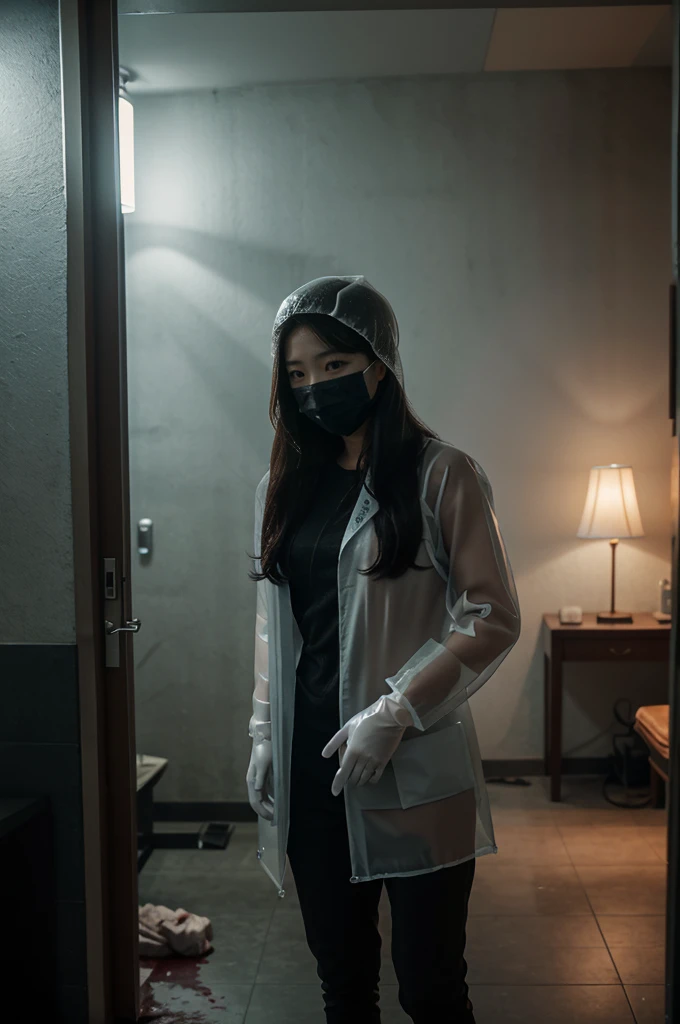 korean girl, (behind corpse, surgical mask), blood splatter, holding knife, stabbing, gloves, room full of blood, transparent raincoat, trucker hat, holding knife, gloves, behind corpse, very long hair, night, mass murderer, robbery, in the hotel, dark atmosphere, cinematic lighting, atmospheric realistic, light from the window
