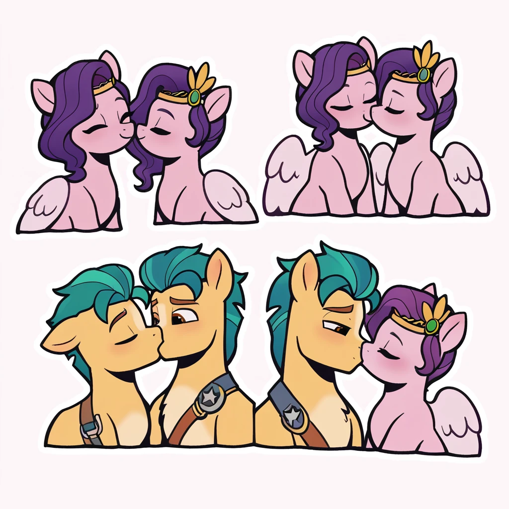 score_9_presence, score_8_up, 1girl, Pipp Petals, pegasus, 1boy, Hitch Trailblazer, earth pony, mlp, G5, together, in love, kissing