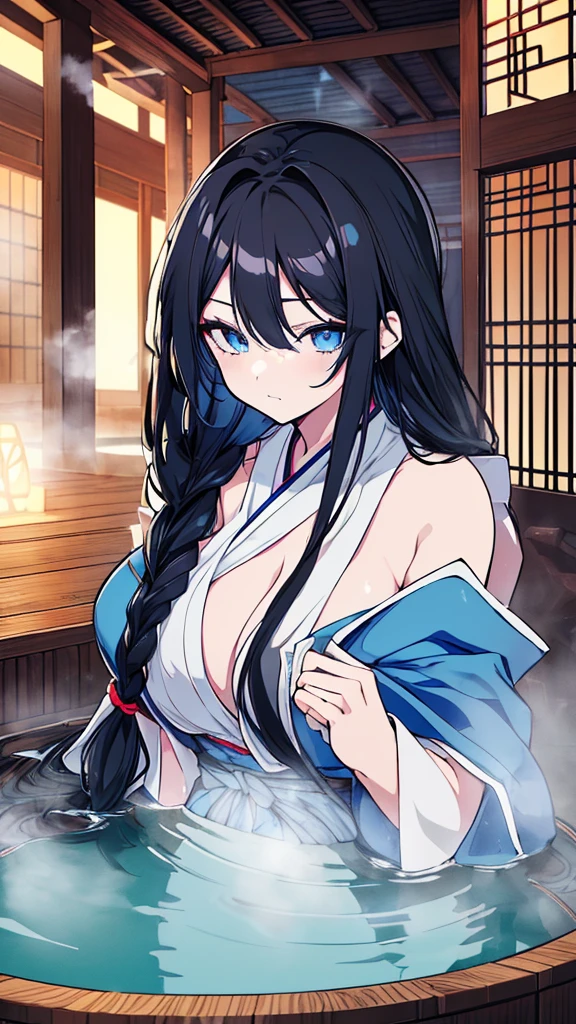 NSFW,masterpiece,Highest quality,High resolution,Super detailed,dawn_\(pokemon\),blue eyes, Blue Hair, Long Hair, Side Lock, Hair Clip,High-quality yukata,Embarrassed,blush,sake,Intoxication,Drunk,Inn at night,Japanese-style room,tatami,futon,(Middle-aged men),A man puts his hands on her waist and hugs her,Sitting,From above,A man rubs his chest