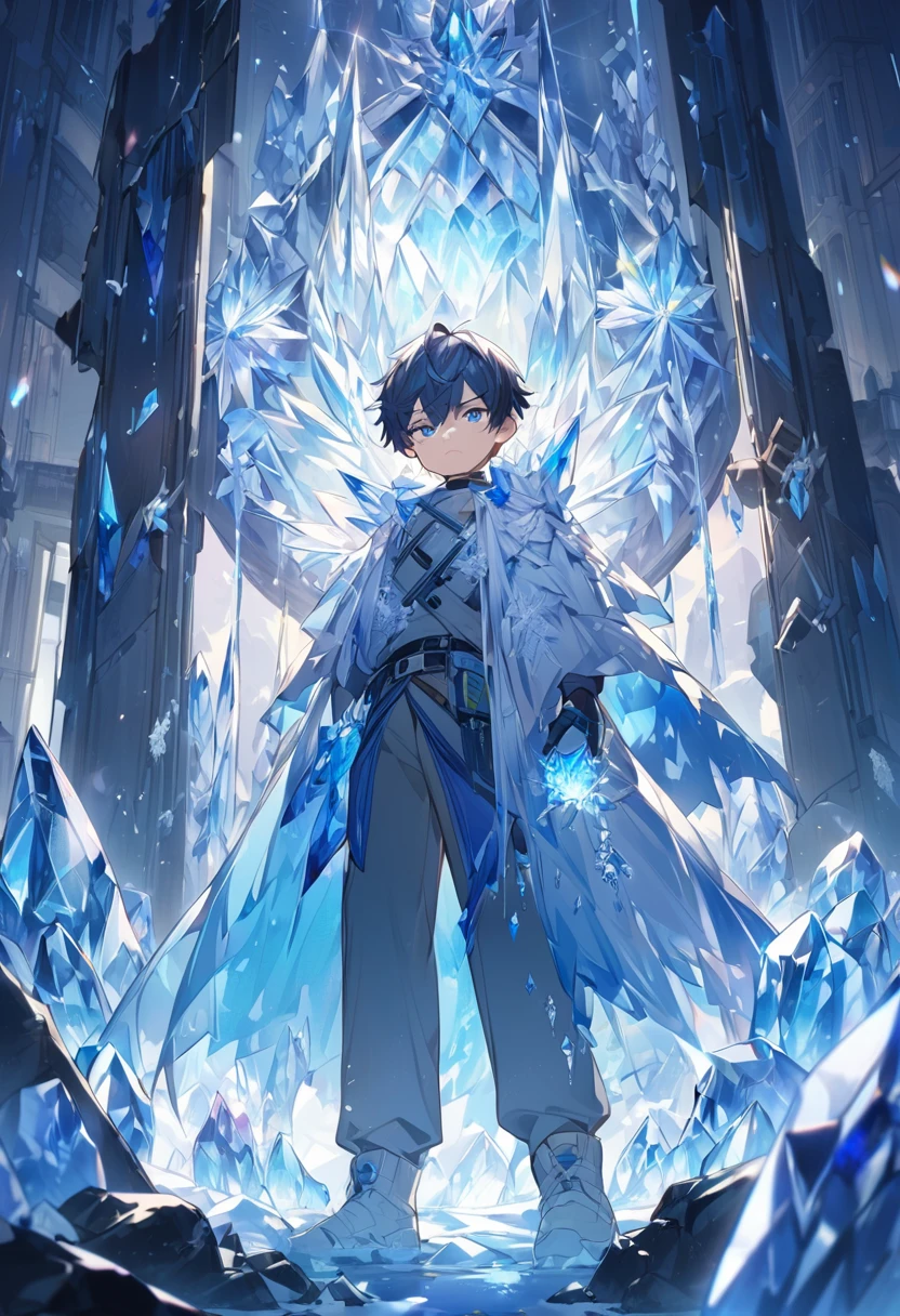 little boy,Thin,struggle,Standing,crystal,crystal化,蓝色crystal,Blue slime,脚变成crystal,手变成crystal,crystal蔓延脚,crystal脚,crystal手,illumination,Frozen,freeze,脚被Frozen,cute,Boys ,蓝色crystal脚,Only wear