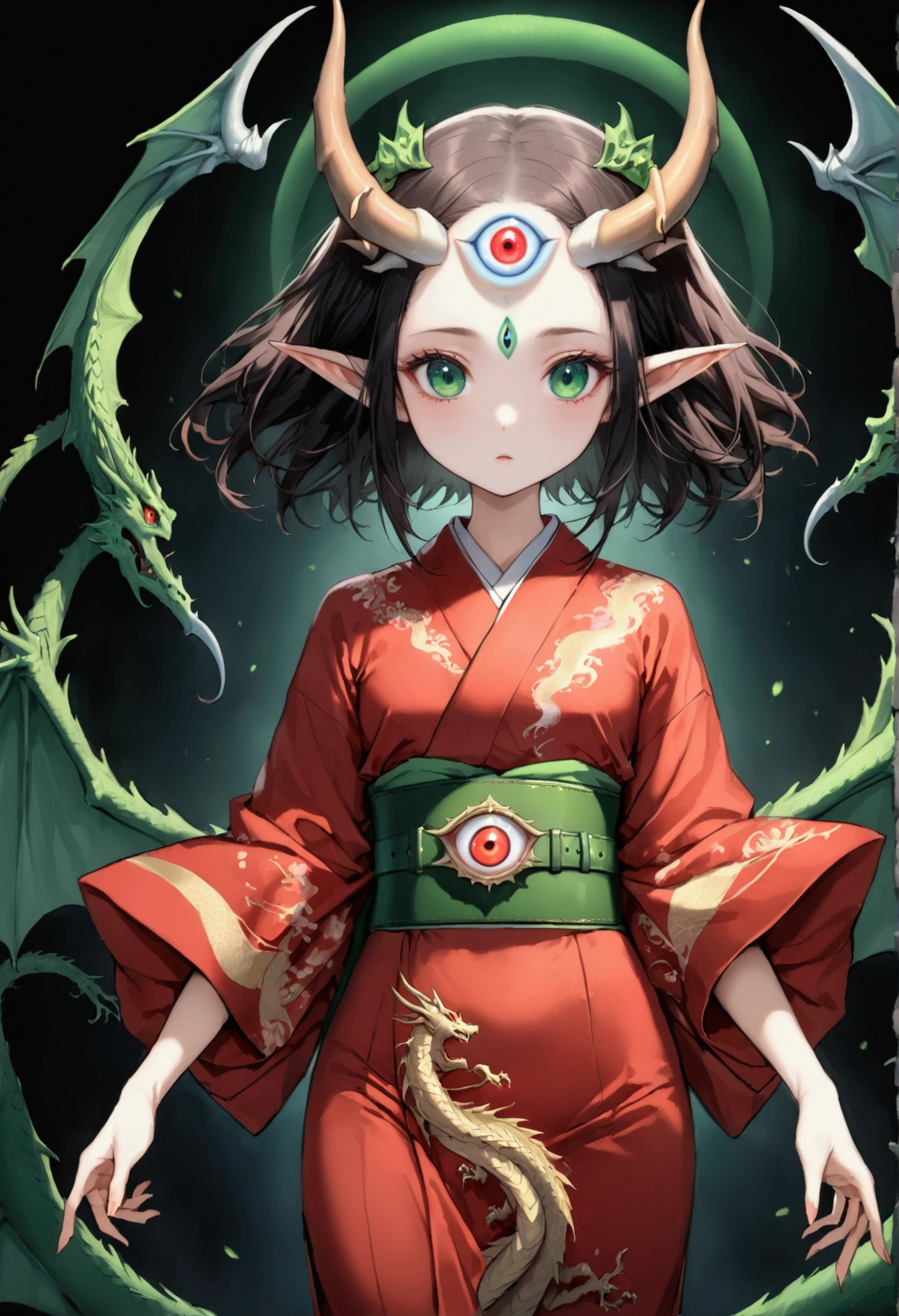 Japanese Anime,Second Dimension,Horror style,horror character,(((Flillian,Vision.third eye on the forehead:1.1,Elf ears,Dragon Horn))),(((Gorgeous Japanese red kimono,Eye pattern,Dark Pattern))).(((Thin waist,Green belt:1.6))).Black background blur