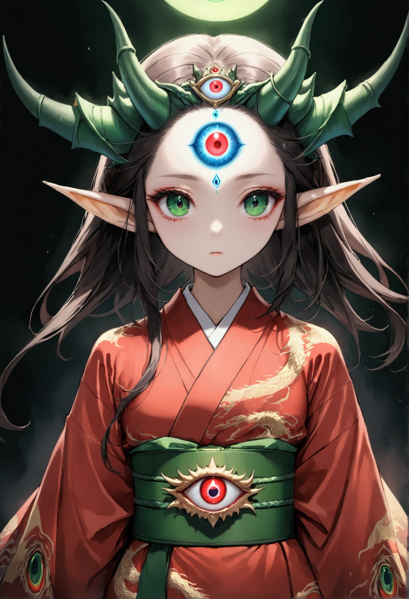 Japanese Anime,Second Dimension,Horror style,horror character,(((Flillian,Vision.third eye on the forehead:1.1,Elf ears,Dragon Horn))),(((Gorgeous Japanese red kimono,Eye pattern,Dark Pattern))).(((Thin waist,Green belt:1.6))).Black background blur