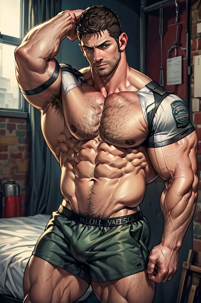 32k, high quality , Detailed face , Detailed eyes, Muscular, Not fine, chris redfield, underwear, bed room