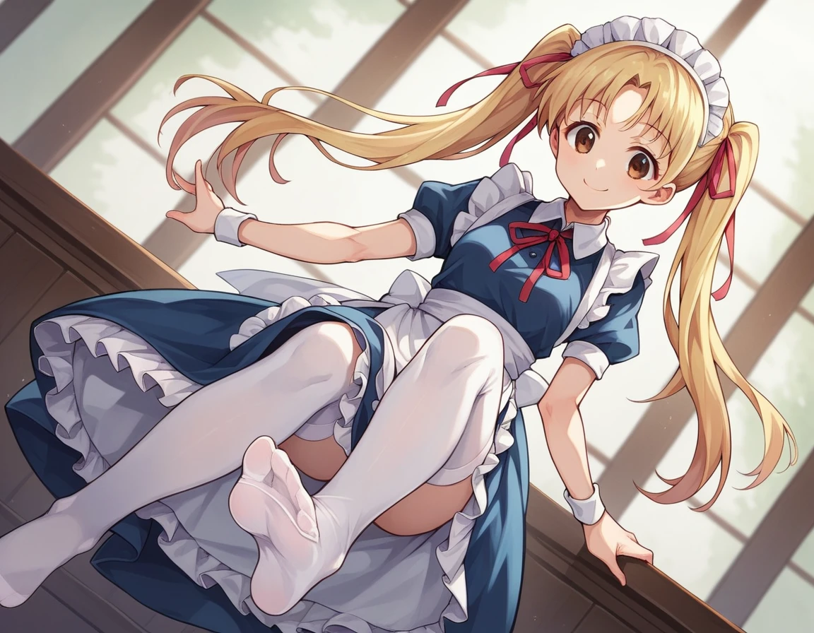 sawachika eri, twintail,sawachika eri, twintails, long hair, blonde hair, brown eyes, hair ribbon,smile, hair ribbon,, bob cut, smile, maid, blue dress, maid apron, maid headdress, red neck ribbon, puffy short sleeves, white wristband, white thighhighs, dutch angle, score_9, score_8_up, score_7_up, score_6_up, anime coloring,Seated pose, focus on soles of feet.crossed-leg