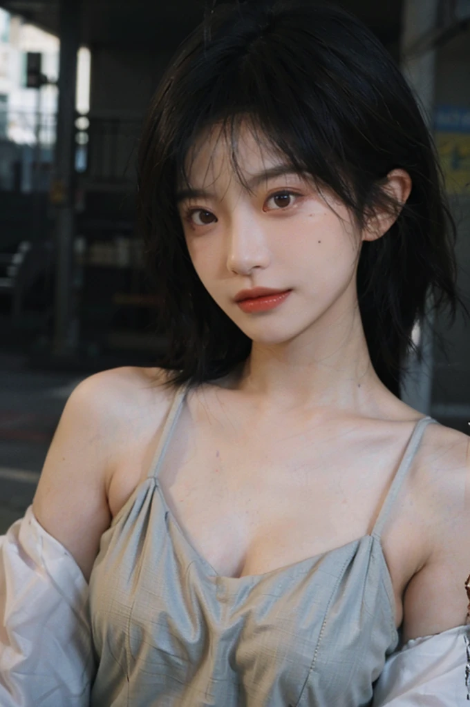 1 girl,Model,Upper Body,short hair,A faint smile,serene, calm,Moles under the eyes,Exquisite eyes, Delicate face,Lipstick,earrings,Hair details, skirt,(Dress conservatively:1.3)(Large Breasts:1.2),outdoor,background,城市background,(Skin details:1.4),(Realistic and detailed eyes:1.2), Natural skin texture, Realistic facial details,Close-up of face,Portrait Photography,(Portrait Photography:1.1), (smooth skin textures:1.3), (Highest quality real skin textures:1.4), Direct vision,Soft dramatic lighting, Vivid details, 35 mm film, (Photo Practical:1.4), (hyper Practical:1.4), (Practical:1.3), (Smoother lighting:1.05), (Improve lighting quality:0.9), (Enhance the beauty of skin texture:1.1), Depth of Field, Bokeh, Surrealism, Ray Tracing, ( Surrealism, High Detail, Chiaroscuro, Ray Tracing, reflected light, Ultra HD, Ultra HD, masterpiece, Textured Skin, Super Detail, High Detail, high quality, best quality