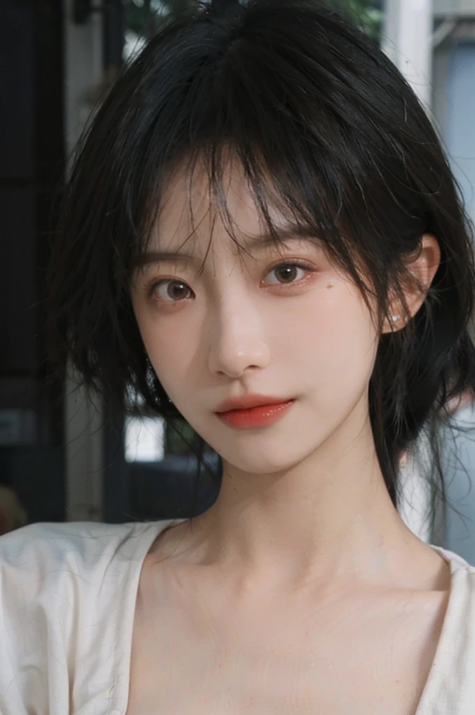 1 girl,Model,Upper Body,short hair,A faint smile,serene, calm,Moles under the eyes,Exquisite eyes, Delicate face,Lipstick,earrings,Hair details, skirt,(Dress conservatively:1.3)(Large Breasts:1.2),outdoor,background,城市background,(Skin details:1.4),(Realistic and detailed eyes:1.2), Natural skin texture, Realistic facial details,Close-up of face,Portrait Photography,(Portrait Photography:1.1), (smooth skin textures:1.3), (Highest quality real skin textures:1.4), Direct vision,Soft dramatic lighting, Vivid details, 35 mm film, (Photo Practical:1.4), (hyper Practical:1.4), (Practical:1.3), (Smoother lighting:1.05), (Improve lighting quality:0.9), (Enhance the beauty of skin texture:1.1), Depth of Field, Bokeh, Surrealism, Ray Tracing, ( Surrealism, High Detail, Chiaroscuro, Ray Tracing, reflected light, Ultra HD, Ultra HD, masterpiece, Textured Skin, Super Detail, High Detail, high quality, best quality