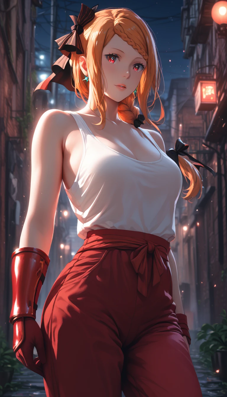 (hews art style:0.7), score_9, score_8_up, score_7_up, score_6_up, score_5_up, score_4_up, uncensored, Priscilla Barielle, orange hair, red eyes, braided bangs, braid, hair bow, BREAK (masterpiece:1.2), best quality, high resolution, unity 8k wallpaper, (detailed eyes:1.3), extremely detailed face, perfect lighting, extremely detailed CG, (perfect hands, perfect anatomy), white tank top, red (samurai armor), red gloves, pants, (getting undressed), night city, neon lights, dim lighting, dark alley, bokeh, shimmering light, magic-realism,