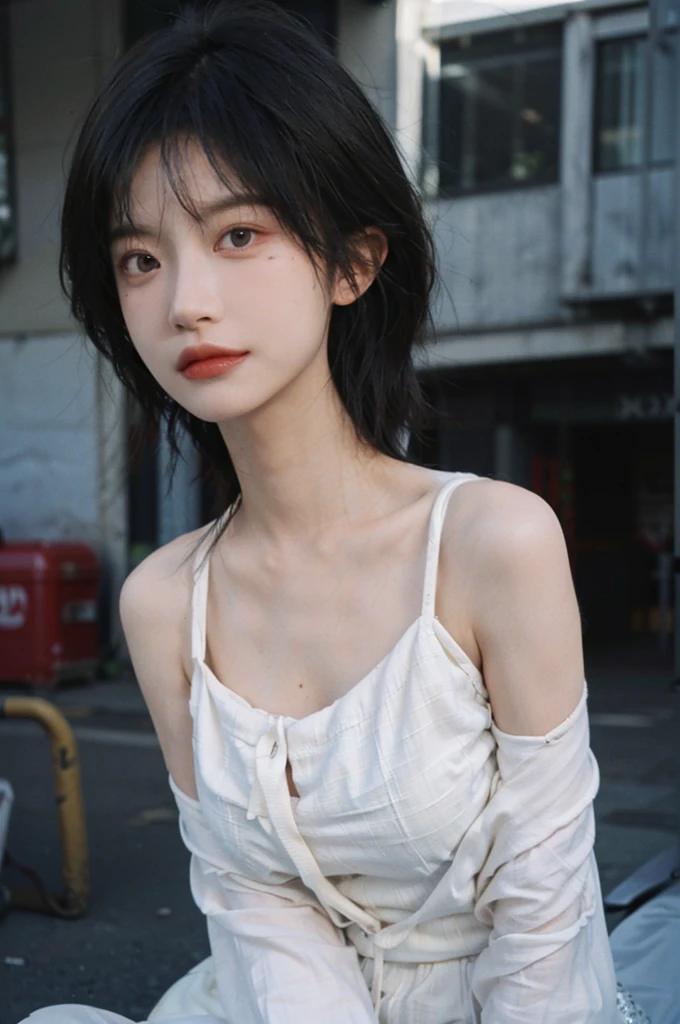 1 girl,Model,Upper Body,short hair,A faint smile,serene, calm,Moles under the eyes,Exquisite eyes, Delicate face,Lipstick,earrings,Hair details, skirt,(Dress conservatively:1.3)(Large Breasts:1.2),outdoor,background,城市background,(Skin details:1.4),(Realistic and detailed eyes:1.2), Natural skin texture, Realistic facial details,Close-up of face,Portrait Photography,(Portrait Photography:1.1), (smooth skin textures:1.3), (Highest quality real skin textures:1.4), Direct vision,Soft dramatic lighting, Vivid details, 35 mm film, (Photo Practical:1.4), (hyper Practical:1.4), (Practical:1.3), (Smoother lighting:1.05), (Improve lighting quality:0.9), (Enhance the beauty of skin texture:1.1), Depth of Field, Bokeh, Surrealism, Ray Tracing, ( Surrealism, High Detail, Chiaroscuro, Ray Tracing, reflected light, Ultra HD, Ultra HD, masterpiece, Textured Skin, Super Detail, High Detail, high quality, best quality
