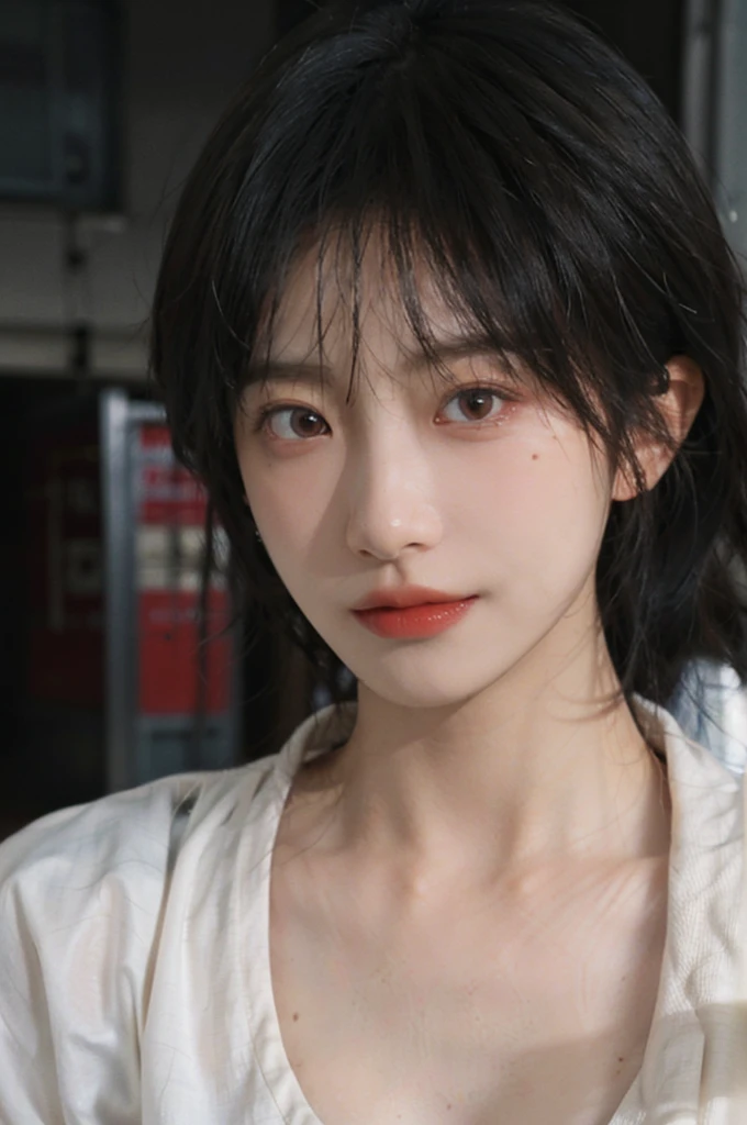 1 girl,Model,Upper Body,short hair,A faint smile,serene, calm,Moles under the eyes,Exquisite eyes, Delicate face,Lipstick,earrings,Hair details, skirt,(Dress conservatively:1.3)(Large Breasts:1.2),outdoor,background,城市background,(Skin details:1.4),(Realistic and detailed eyes:1.2), Natural skin texture, Realistic facial details,Close-up of face,Portrait Photography,(Portrait Photography:1.1), (smooth skin textures:1.3), (Highest quality real skin textures:1.4), Direct vision,Soft dramatic lighting, Vivid details, 35 mm film, (Photo Practical:1.4), (hyper Practical:1.4), (Practical:1.3), (Smoother lighting:1.05), (Improve lighting quality:0.9), (Enhance the beauty of skin texture:1.1), Depth of Field, Bokeh, Surrealism, Ray Tracing, ( Surrealism, High Detail, Chiaroscuro, Ray Tracing, reflected light, Ultra HD, Ultra HD, masterpiece, Textured Skin, Super Detail, High Detail, high quality, best quality