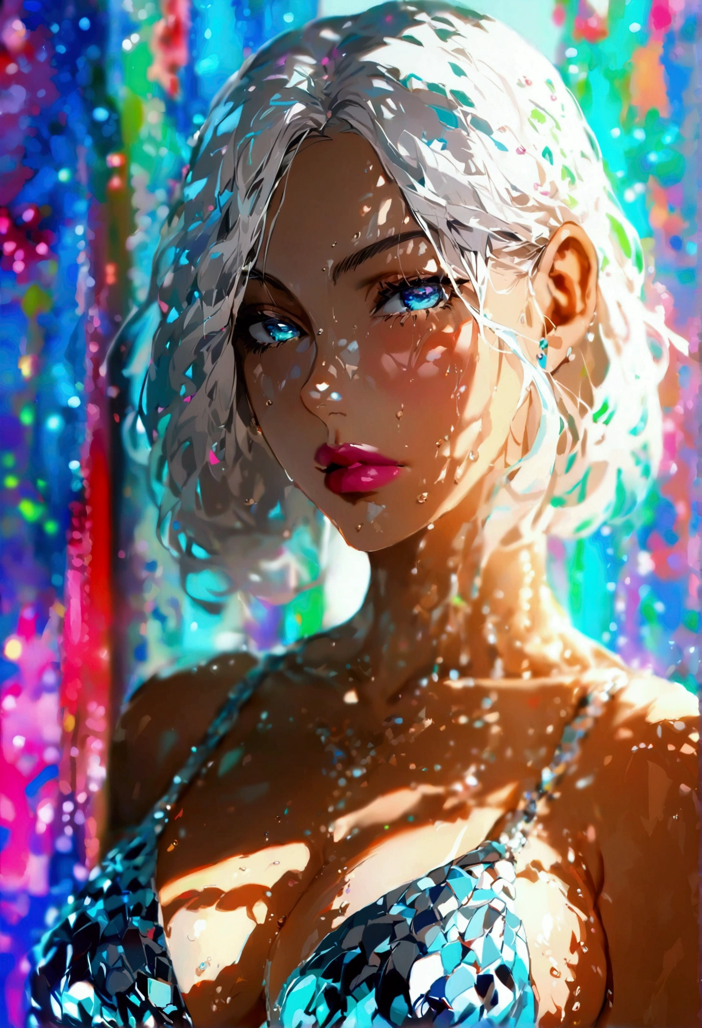 score_9,score_8_up,score_7_up,score_6_up,score_5_up,score_4_up, 1girl, (best quality),Tall cold Supermodel, very tall, mature beauty face, mid-twenties, pale skin, white hair, bob cut, white eyebrows, full pastel-pink lips, big breasts, tight ass, smooth long legs, light blue eyes, wears ashort silverquine dress,  super detailed, 8k