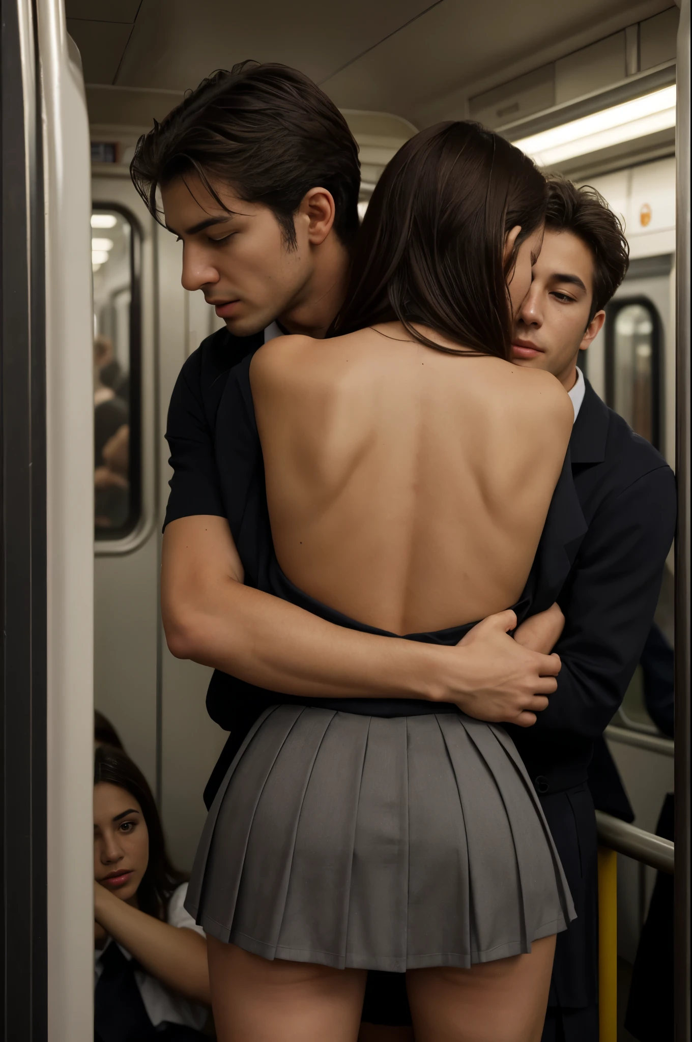 YES NSFW, [(Handsome man hugging woman from behind)], crowded train, Spanish woman, Spanish prostitute, Spanish bitch, Spanish whore, Spanish harlot, Handsome man hugging her from behind, Talking in her ear, lift her up, miniskirt twisted upwards, 40k, photograph, masterpiece, highest quality, dark gray background, ((Spanish girls' high school uniform)), An elderly man leans on her from behind、I held you up, European woman