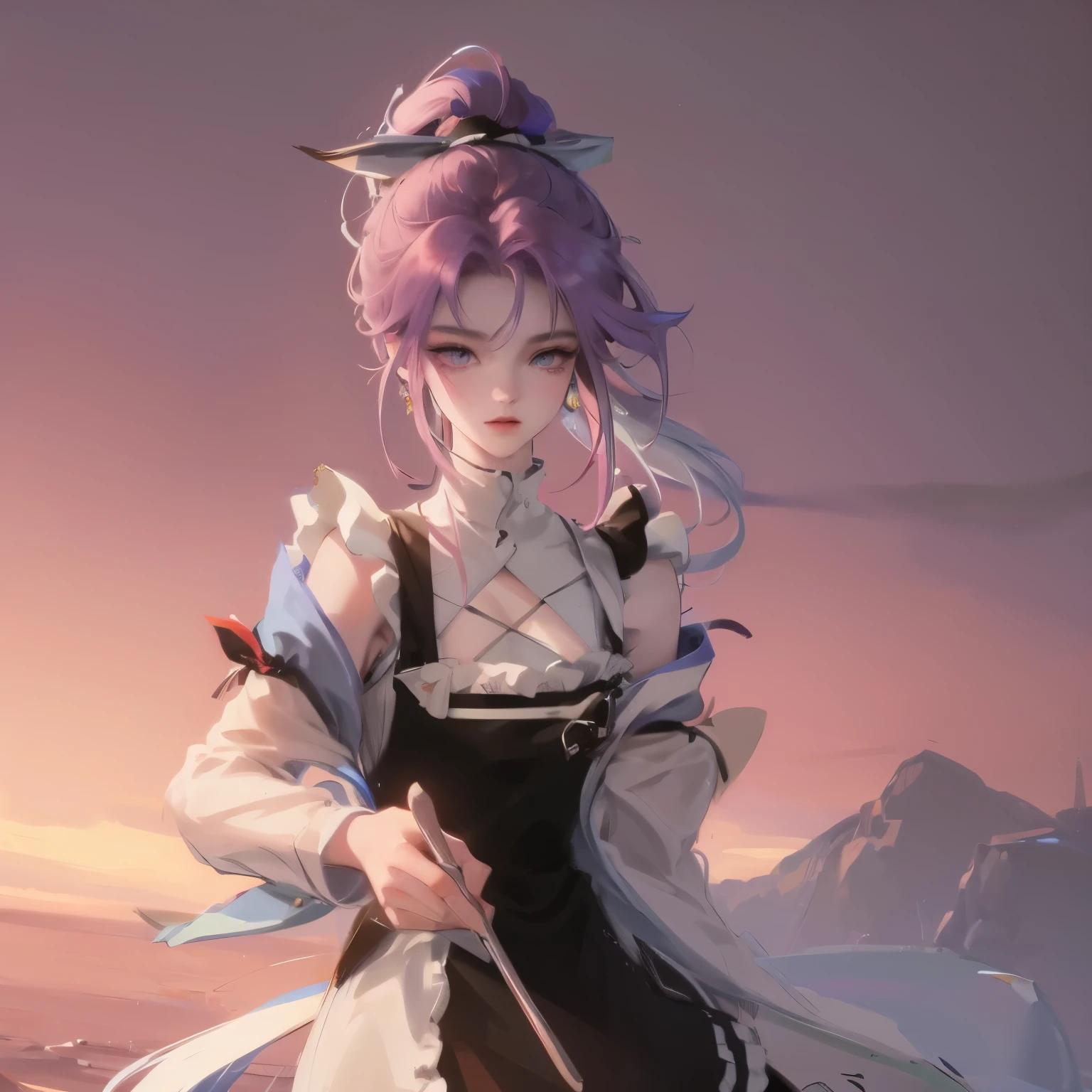 masterpiece,(best quality, illustration,Delicate face:1.3),(1 Girl,Solitary:1.3),Beautiful and delicate eyes,  apron, slope_background, slope, maid, Purple Eyes,red hair,Small Breasts,, rest, enmaided, White_apron, Black_skirt, Ponytail, Black_Footwear, Frilly_apron, skirt, maid_apron, spare_hair,very long hair, _Ponytail, Halo 