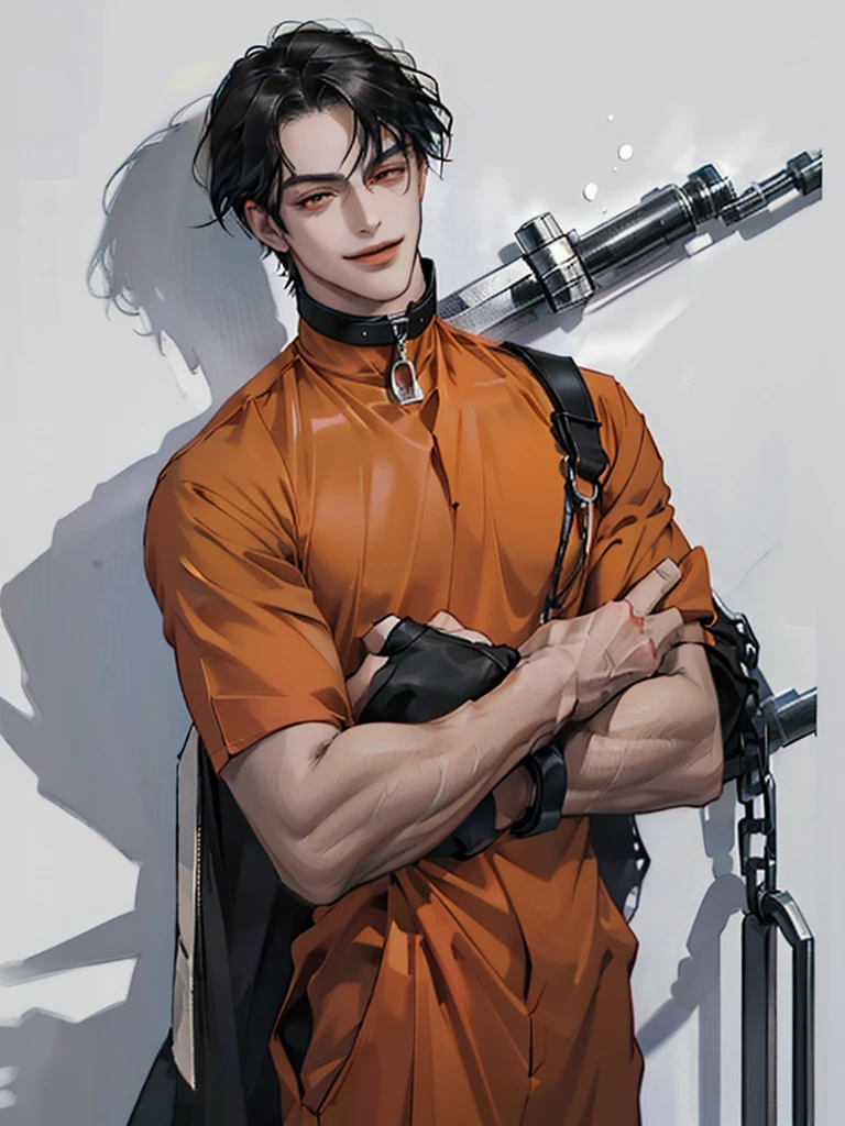 a man, Black long straight hair, dark red eyes, Slender and tall, prisoner, Perfect male body, Looking at the camera, (Orange prison uniform, Hold your arms tight, Smile, cell), portrait, Dramatic shadows, Prisoner, Chained