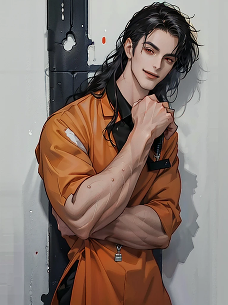 a man, Black long straight hair, dark red eyes, Slender and tall, prisoner, Perfect male body, Looking at the camera, (Orange prison uniform, Hold your arms tight, Smile, cell), portrait, Dramatic shadows, Prisoner, Chained