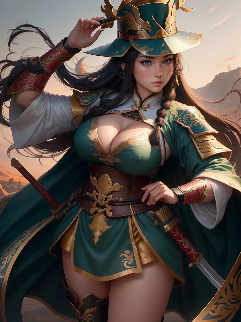 a woman with a bow and a bow in his hand, guan yu, bian lian, naranbaatar ganbold, inspired by Cao Zhibai, inspired by Hu Zaobin, inspired by Fan Kuan, inspired by Li Kan, mongol, inspired by Huang Shen, by Qu Leilei, inspired by Jang Seung-eop, a close up of a girl with a sword and a hat, guan yu, inspired by Hu Zaobin, naranbaatar ganbold, masamune shiro, bian lian, mongol, masamune, feng shu, inspired by Cao Zhibai, inspired by Huang Ding, genghis khan, inspired by Huang Shen, zhao yun, Highly detailed CG unit 8k wallpaper, masterpiece, High resolution, highest quality, highest quality real texture skin, Super Real, Digital Painting, Best image quality, 最High resolution, 8k, ((Highly detailed eyes and face, Beautiful eyes every detail)), 1girl, Full Body Shot, 1girl, Saggy breasts, Gravity-dependent breasts, long chest, Heavy chest, disproportionate breasts, huge breasts, sagging breasts, gigantic breasts, (erect nipple), Cleavage cut out,