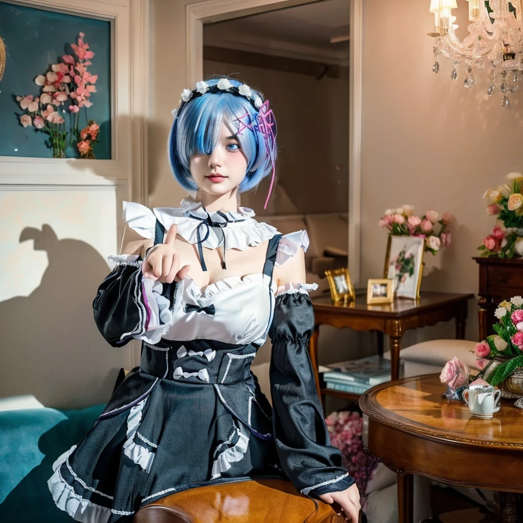 R_E_M, 1girl,(beautiful face:1.25) short blue hair, blue eyes, hair over one eye, hair ornament, pink hair ribbon, rem's maid uniform, detached sleeves, (realistic:1.7),((best quality)),absurdres,(ultra high res),(photorealistic:1.6),photorealistic,octane render,(hyperrealistic:1.2), (photorealistic face:1.2), (8k), (4k), (Masterpiece),(realistic skin texture), (illustration, cinematic lighting,wallpaper),( beautiful eyes:1.2),((((perfect face)))),(cute),(standing),((looking at viewer)),(dynamic pose:1.3), upper body, standing,indoors, living room, sofa, tables, window