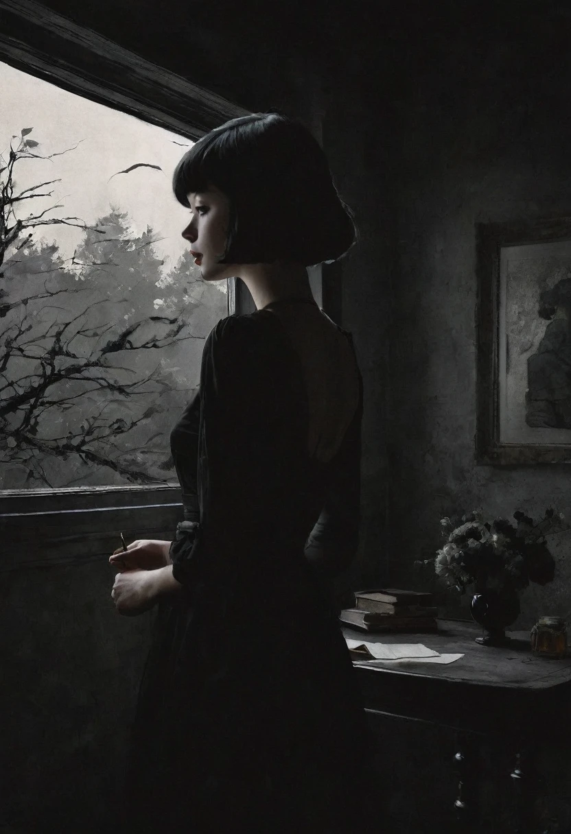 This is Andrew Wyeth - The Art of Andrew Wyeth - with a muted floral palette and dry brush technique that creates a feeling of calm.(animation. anime, 1 girl, detailed lips, black dress, custom, (monochrome), neon hair, textured crop, masterpiece, style retro classic, dark noir, art, sketch book, (black bob hair 1.75 neon 1.32), bad women 1 one crescent, night, fairytale background) (minimalism: 1). perfect body anatomy.
