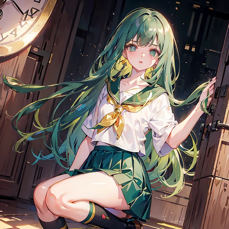 Perfect Face, long dark green hair, golden pupils, collarbone, knee socks, skirt,