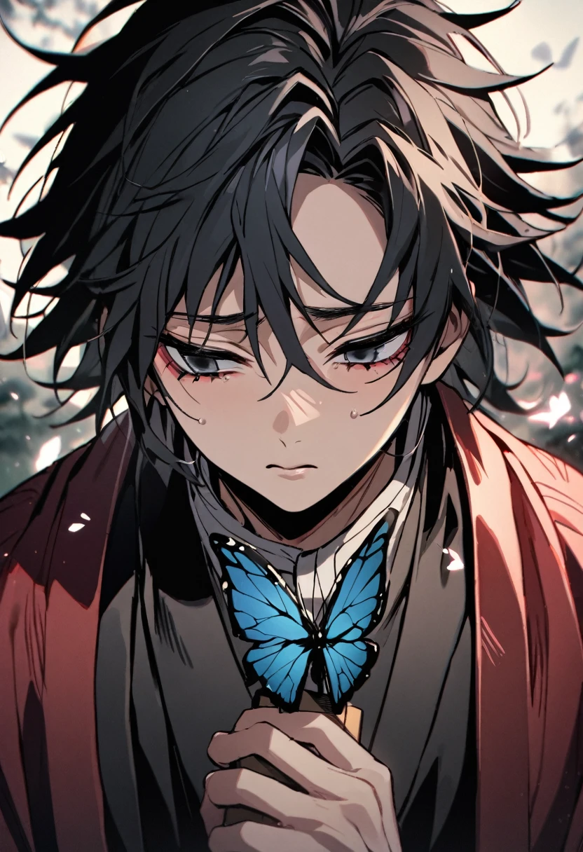 Absurd, High resolution, Very detailed, High resolution, masterpiece, Highest quality, Tomioka Yoshitake holding a butterfly,Sad look, Kimetsu no Yaiba, 1 person, good looking, 