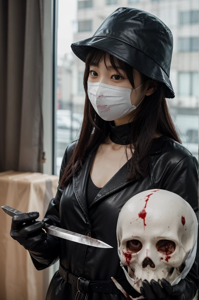 korean girl, (behind corpse, surgical mask), holding knife, stabbing, black leather gloves, room full of blood, black trench coat, bucket hat, holding knife, black gloves, behind corpse, blood splatter, very long hair, black wet suit, night, mass murderer, robbery, in the hotel, light from the window